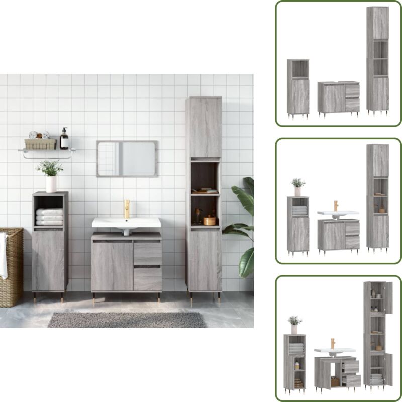 3-tlg. Badmöbel-Set Grau Sonoma Holzwerkstoff - Badezimmermöbel - Badmöbel-Set - Holzwerkstoff - Graue Möbel - Modernes Bad