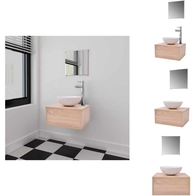 4-tlg. Badmöbel-Set mit Waschbecken und Wasserhahn Beige - Badmöbel - Badezimmermöbel - Waschtischunterschrank - Waschbecken - Armaturen