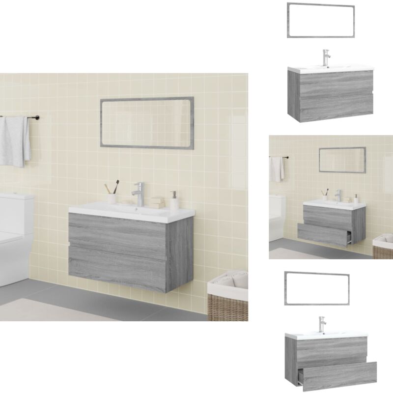 Badmöbel-Set Grau Sonoma Holzwerkstoff - Badmöbel-Set - Holzwerkstoff - Waschbeckenunterschrank - Spiegelschrank - Badezimmermöbel