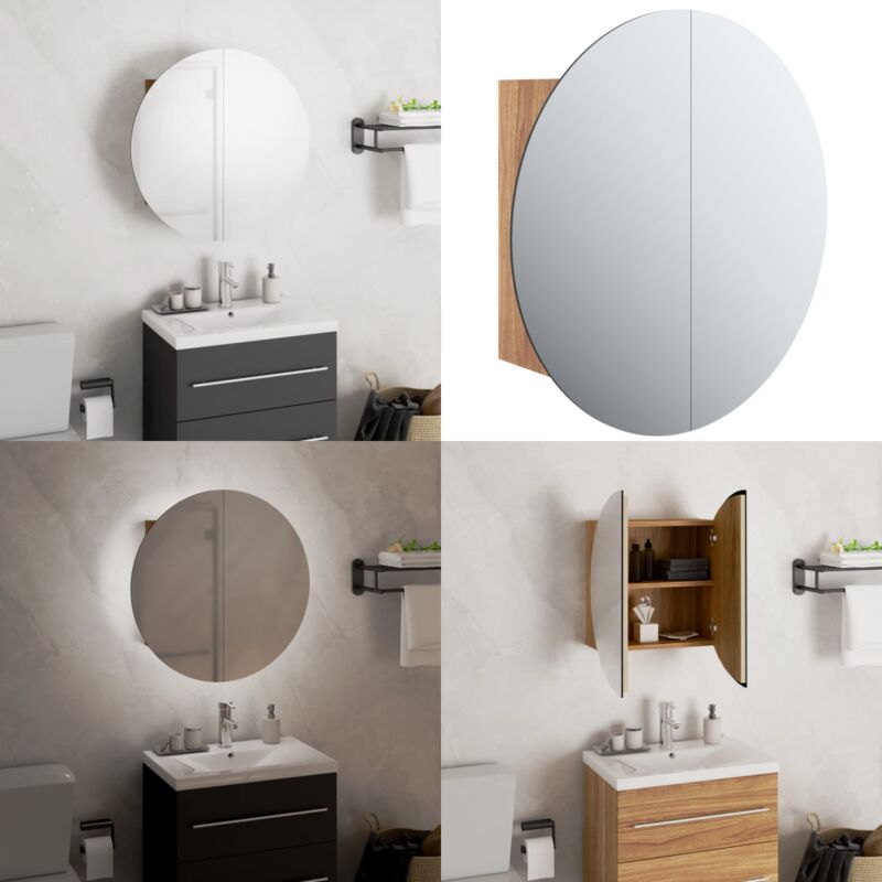Badezimmerschrank mit Rundem Spiegel & LED Eichen-Optik - Badezimmermöbel - Holzbadschrank - Runder Spiegel - LED-Spiegel - Kosmetiktisch - Home &
