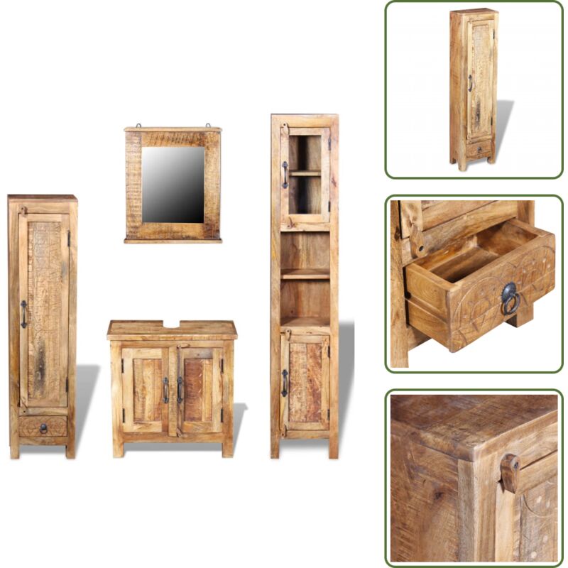 Badkommode mit Spiegel & 2 Seitenschränke Massivholz Mango - Badmöbel - Badezimmermöbel - Badmöbel-Set - Badmöbelsets