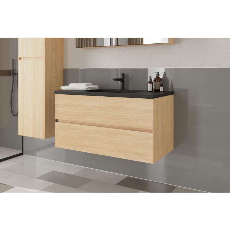 Badmöbel-Set Bernstein edge 1000 mit Waschbecken Badmöbel Eiche natur Waschbecken Schwarz matt