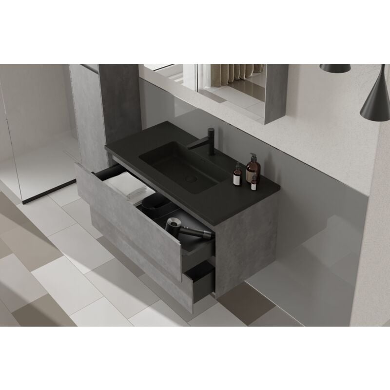 Badmöbel-Set Bernstein edge 1000 mit Waschbecken Badmöbel Beton Waschbecken Schwarz matt