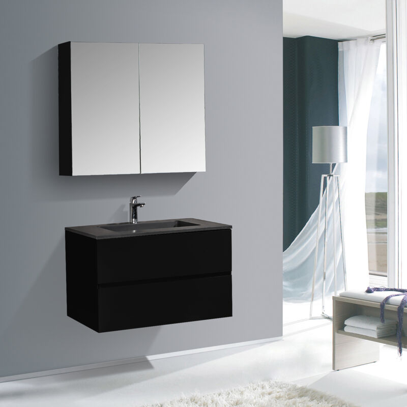 Badmöbel-Set Bernstein edge 750 mit Waschbecken Badmöbel Schwarz matt Waschbecken Schwarz matt