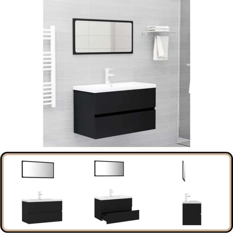 Badmöbel-Set Schwarz Holzwerkstoff - Badezimmersatz - Badmöbel - Schreibtisch - Spiegelschrank - Waschtrog