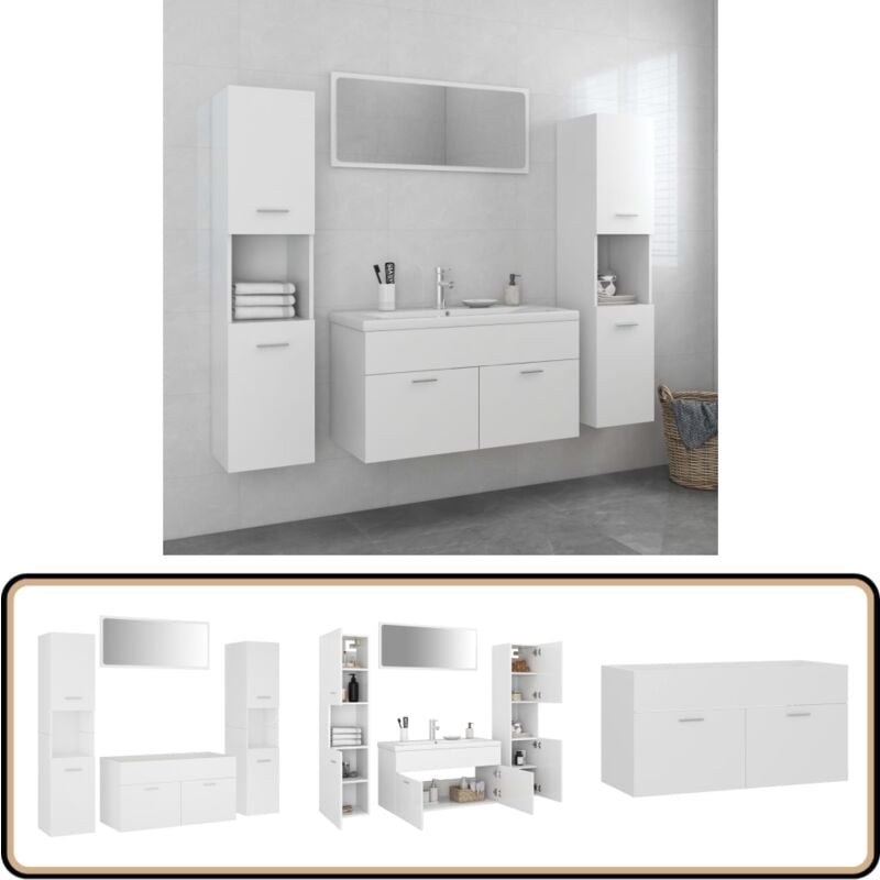 Badmöbel-Set Weiß Holzwerkstoff - Badmöbel Set - Badezimmermöbel - Holzwerkstoff - Weißes Bad - Spiegelschrank