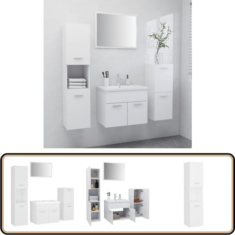 Badmöbel-Set Weiß Holzwerkstoff - Badmöbel Set - Badezimmermöbel - Wandspiegel - Waschbeckenunterschrank - Spiegelschrank