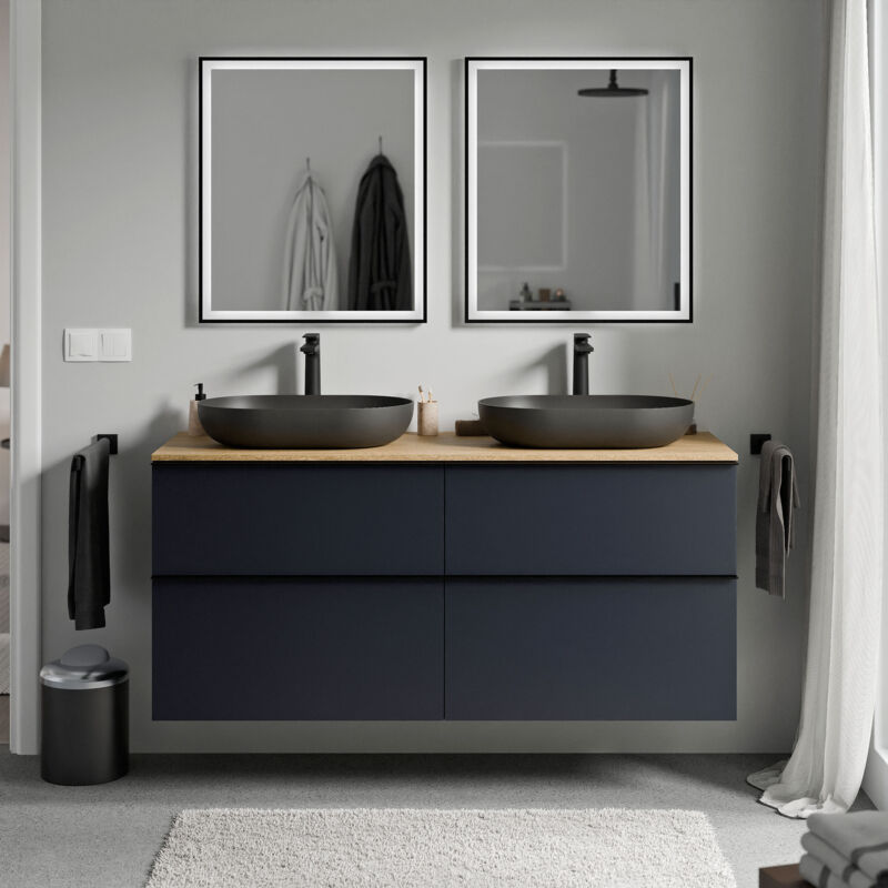 Badmöbel Unterschrank Bernstein lavoa 120cm Badmöbel: Mitternachtsblau matt, Waschtischplatte: Eiche honiggold, Metallgriff: Chrom