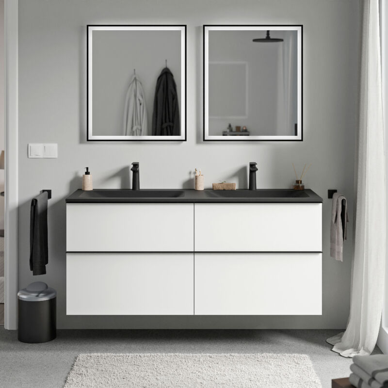 Badmöbel Unterschrank Bernstein LAVOA 140cm mit Mineralguss Waschbecken CREAM Badmöbel: Weiß matt, Metallgriff: Anthrazit matt, Waschbecken: Schwarz