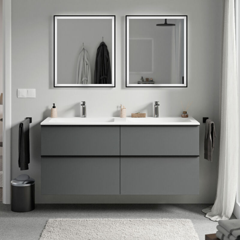 Badmöbel Unterschrank Bernstein LAVOA 140cm mit Mineralguss Waschbecken CREAM Badmöbel: Anthrazit matt, Metallgriff: Anthrazit matt, Waschbecken: