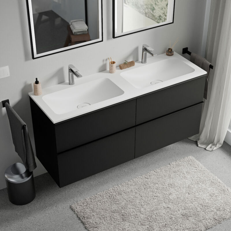 Badmöbel Unterschrank Bernstein lavoa 140cm mit Mineralguss Waschbecken cream Badmöbel: Schwarz matt, Metallgriff: Chrom, Waschbecken: Weiß matt mit