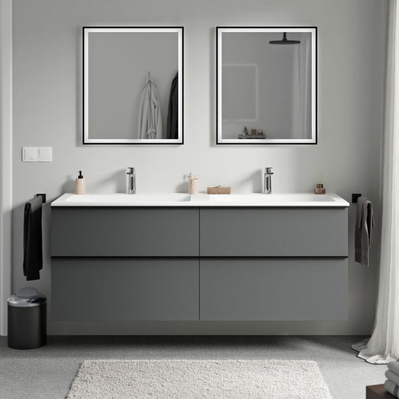 Badmöbel Unterschrank Bernstein LAVOA 160cm mit Mineralguss Waschbecken CREAM Badmöbel: Anthrazit matt, Metallgriff: Chrom, Waschbecken: Weiß matt