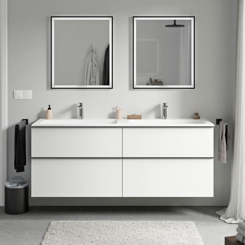 Badmöbel Unterschrank Bernstein lavoa 160cm mit Mineralguss Waschbecken cream Badmöbel: Weiß matt, Metallgriff: Anthrazit matt, Waschbecken: Weiß