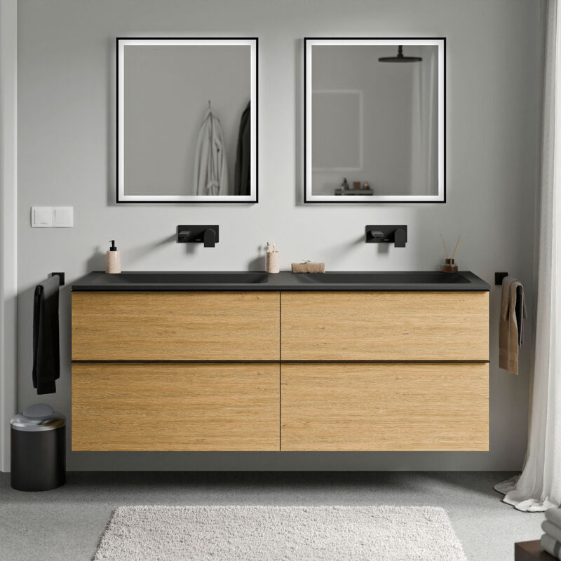 Badmöbel Unterschrank Bernstein lavoa 160cm mit Mineralguss Waschbecken cream Badmöbel: Eiche Honiggold, Metallgriff: Chrom, Waschbecken: Schwarz