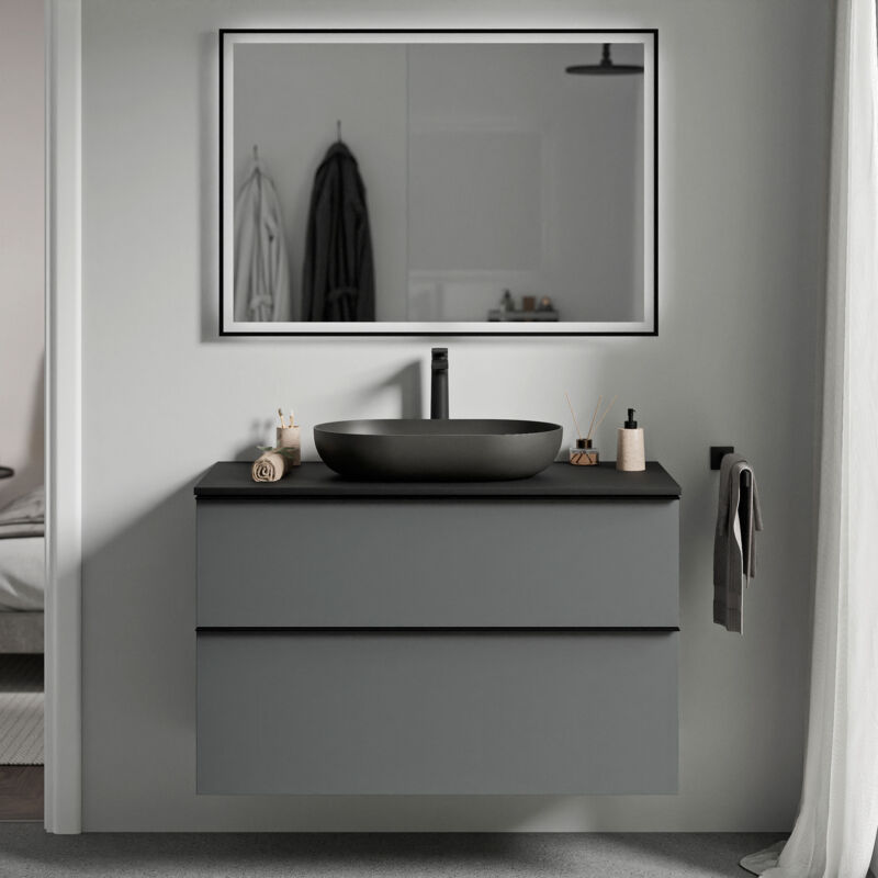 Badmöbel Unterschrank Bernstein lavoa 80cm Badmöbel: Anthrazit matt, Waschtischplatte: Schwarz matt, Metallgriff: Chrom