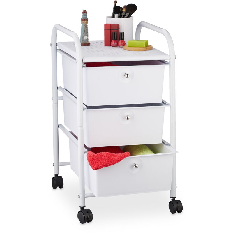 Badrollwagen, 3 Schubladen, Metall & Kunststoff, Rollcontainer Bad, Kosmetik, HxBxT: 60 x 33 x 39 cm, weiß - Relaxdays