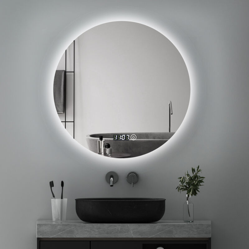 Badspiegel Rund mit Beleuchtung 60x60cm Runder led Spiegel mit Uhr Runder Badezimmerspiegel mit Beleuchtung Wandspiegel Rund mit 3 Lichtfarbe Dimmbar