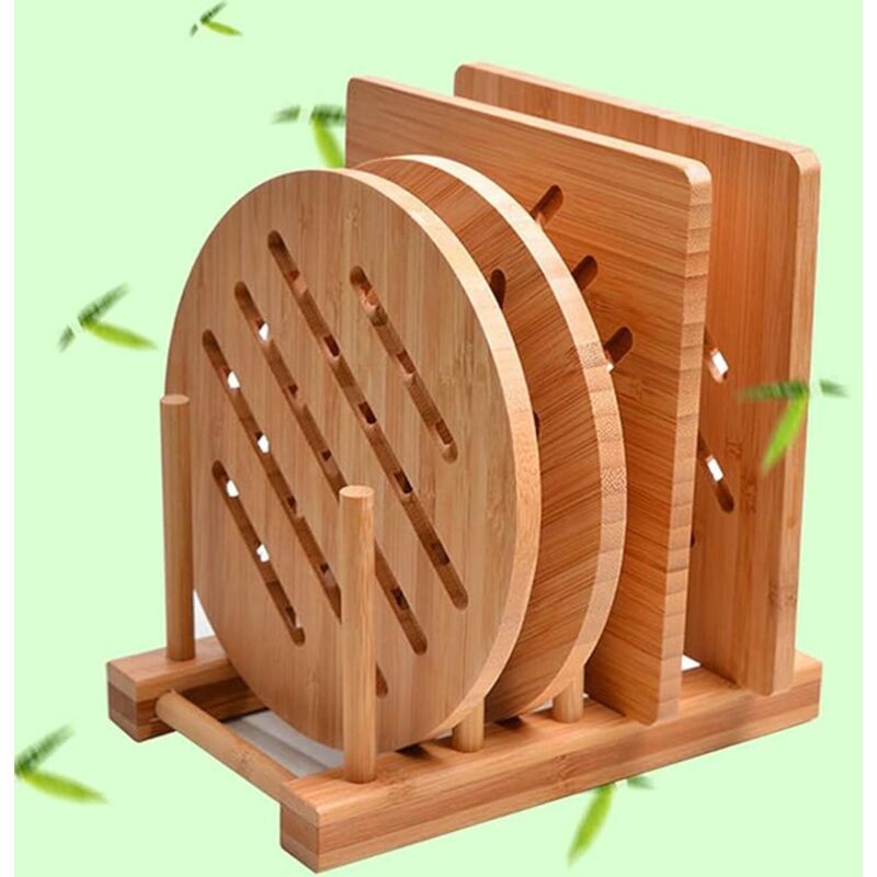 Bambus Topfuntersetzer mit Ständer, 4-etagig - Hitzebeständiges Ablagebrett für Töpfe, Pfannen, Teller, Schüsseln - Platzsparende Aufbewahrung für