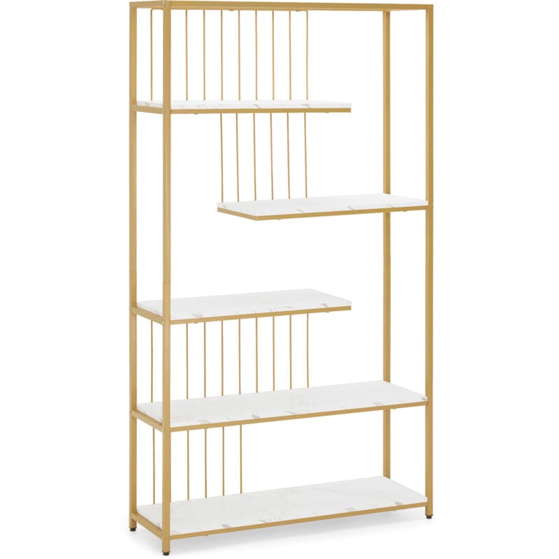 Bücherregal, Standregal mit 5 Ebenen, Büroregal mit Metallrahmen, Regal für Büro, Wohnzimmer, Schlafzimmer, Küche, Nagelstudio, Marmor-Weiß Gold,