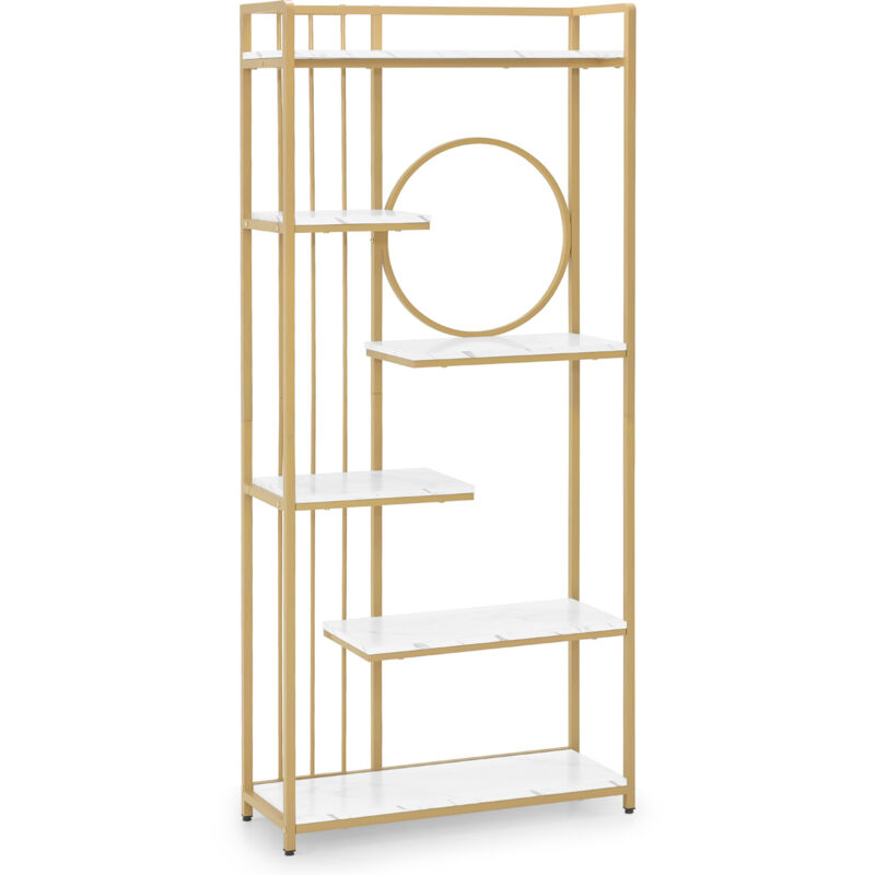Bücherregal, Standregal mit 6 Ebenen, Büroregal mit Metallrahmen, Regal für Büro, Wohnzimmer, Schlafzimmer, Küche, Nagelstudio, Marmor-Weiß Gold,