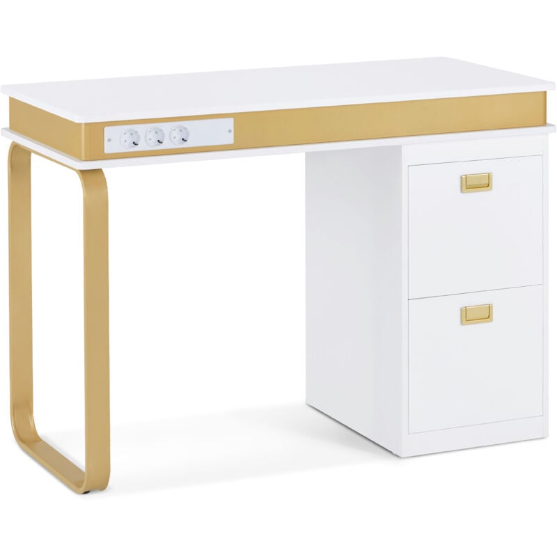 Schreibtisch mit Schubladen für Nagelstudio, Manikürtisch mit 3 Steckdosen, Schminktisch ohne Spiegel Weiß-Gold, Nageltisch aus Holz Metallgestell,