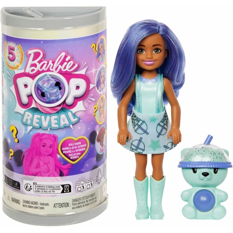 Barbie Chelsea Pop Reveal Bubble-Tea-Serie, Puppe mit Verpackung im Teedosendesign und 5 Überraschungen, darunter eine duftende kleine Puppe und ein