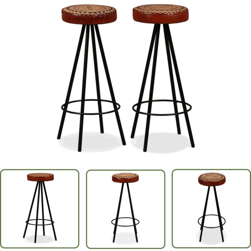 The Living Store Barhocker 2 Stk. Echtleder - Industriel Style - Barhocker - Ledersitz - Stahluntergestell - Set Von 2