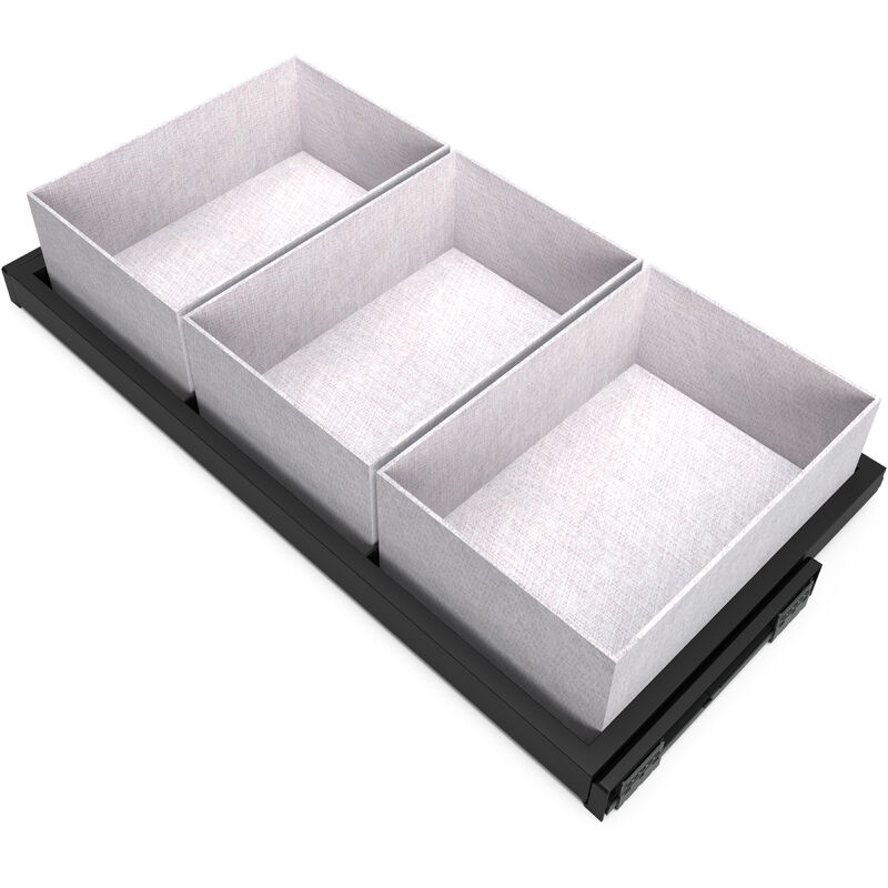 Set aus Tray set, 3 Organisationskörbe und Soft-Close-Führungsrahmen für Kleiderschränke, verstellbar, Modul 900mm, Schwarz strukturiert - Emuca