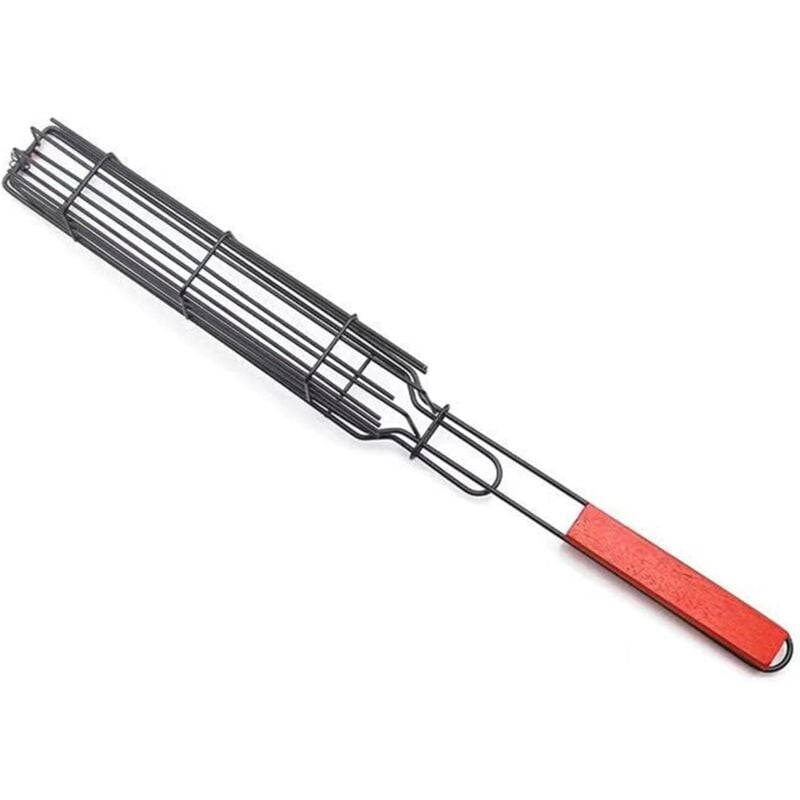 BBQ-Holzgriff-Wurstgrill-Grill-Mais-Netz-Clip, Outdoor-Grill, Rot, 49 5 4cm