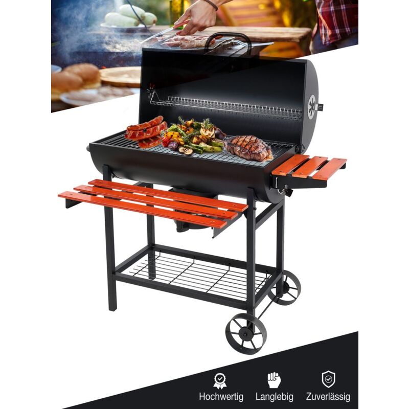 Holzkohlegrill BBQ Grillwagen – mit Deckel & Thermometer, Warmhalterost, Aschebehälter, 2 klappbaren Ablagen, Rollen – Holzkohlegrill für Garten,