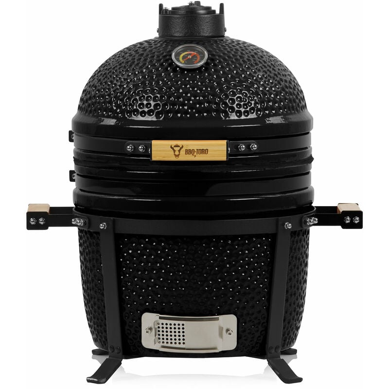 Kamado Grill Holzkohlegrill ø 39 cm 'shiro' mit Thermometer und Holzgriffen, Schwarz - Bbq-toro