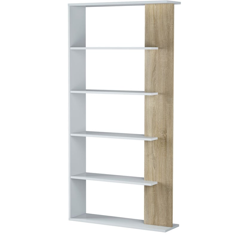 Bücherregal Bücherregal Lugo Weiß/Eiche 5 Fächer, für Wohnzimmer oder Esszimmer, 90 x 25 x 180 cm