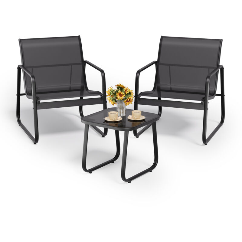 2-Personen Gartenset aus Stahl und Textilène Gartenmöbel mit Esstisch aus Sicherheitsglas – Gartenmöbel Set für Terrasse, Balkon und Außenbereich
