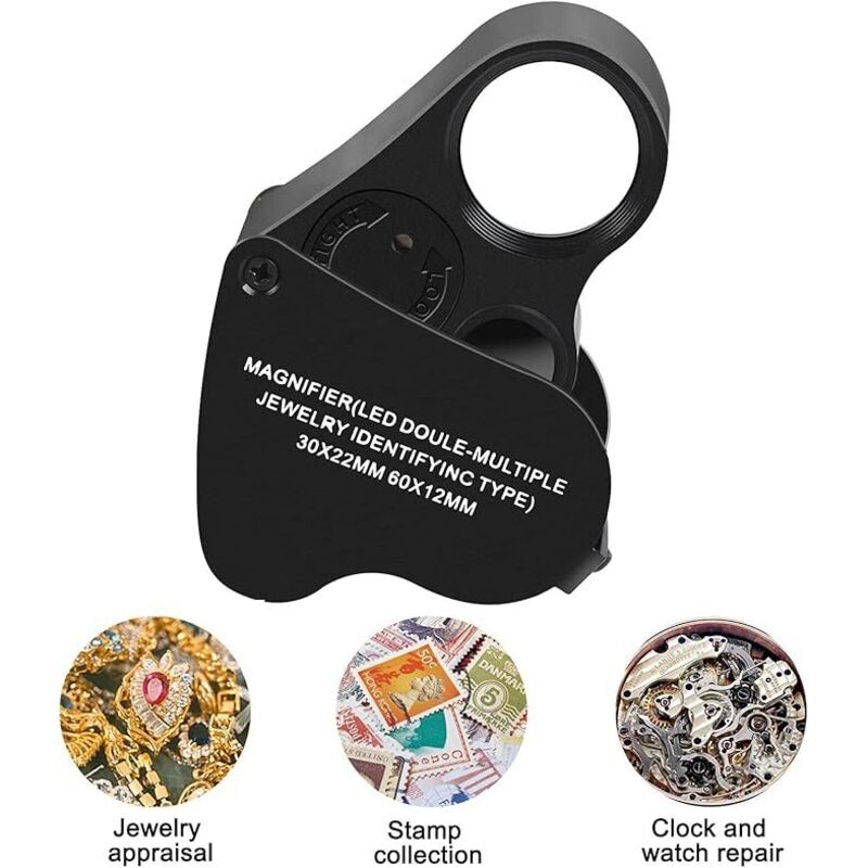 BEBUSINGOTO 30- bis 60-fache beleuchtete Juwelierlupe, faltbare Schmucklupe mit hellem LED-Licht für Edelsteine, Schmuck, Münzen, Briefmarken usw.