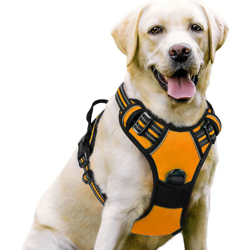 BEBUSINGOTO Orangefarbenes Hundegeschirr, verstellbares, reflektierendes und reißfestes Hundegeschirr, leicht anzulegen, mit Haltegriff,