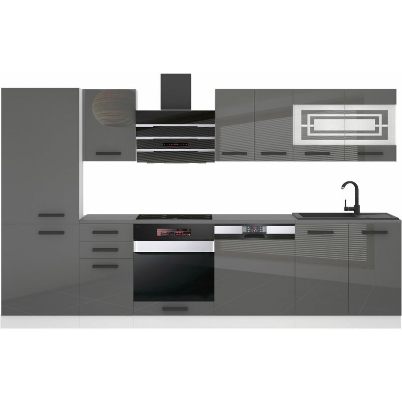 Belini Küchenzeile Küchenblock Cindy - Küchenmöbel 300 cm Einbauküche Vollausstattung ohne Elektrogeräten mit Hängeschränke und Unterschränke, ohne