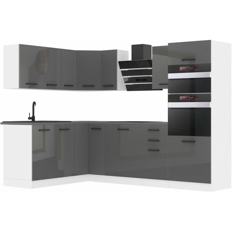 Küchenzeile Küchenblock Küche L-Form Melanie Küchenmöbel mit Griffe, Einbauküche ohne Elektrogeräten mit Hängeschränke und Unterschränke, mit