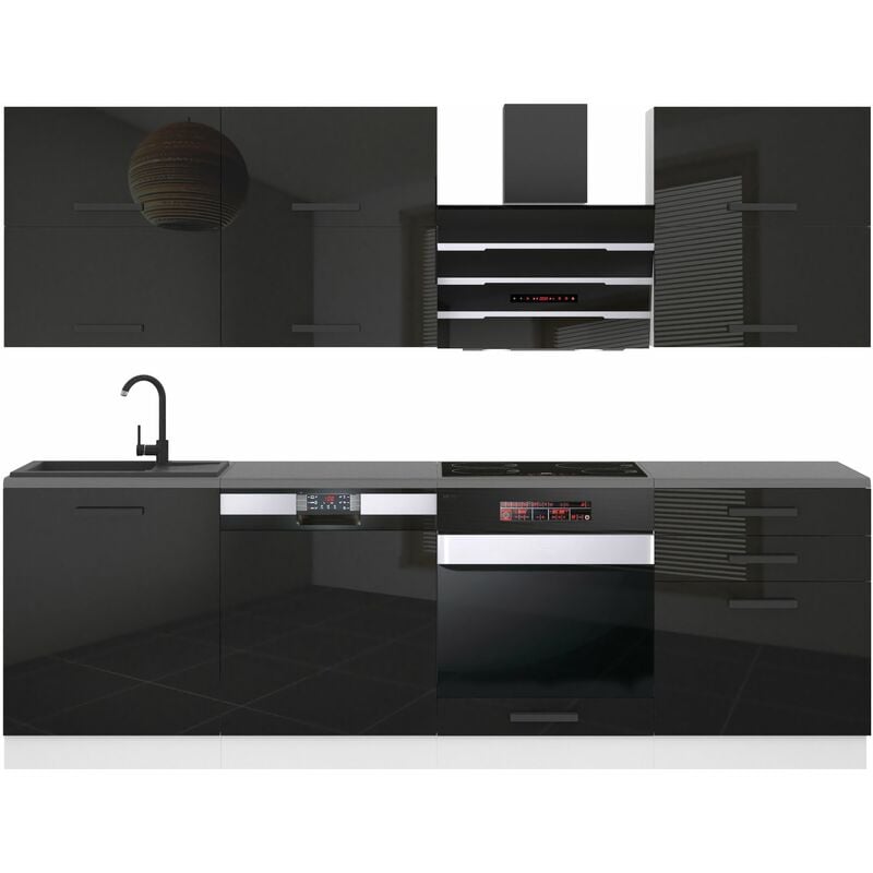 Küchenzeile Küchenblock Madison - Küchenmöbel 240 cm Einbauküche Vollausstattung ohne Elektrogeräten mit Hängeschränke und Unterschränke, mit