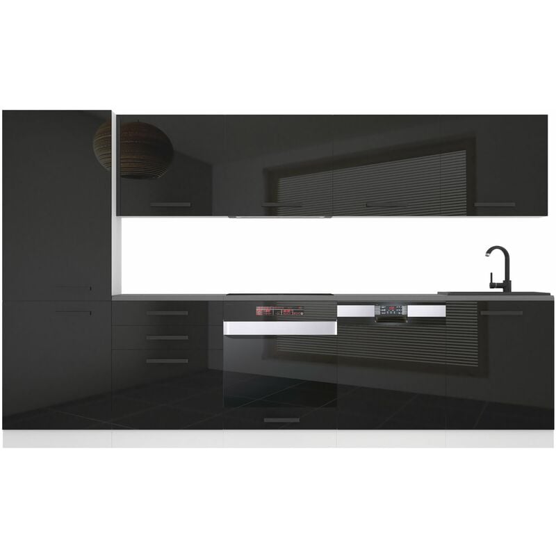 Belini Küchenzeile Küchenblock Rose - Küchenmöbel 300 cm Einbauküche Vollausstattung ohne Elektrogeräten mit Hängeschränke und Unterschränke, ohne