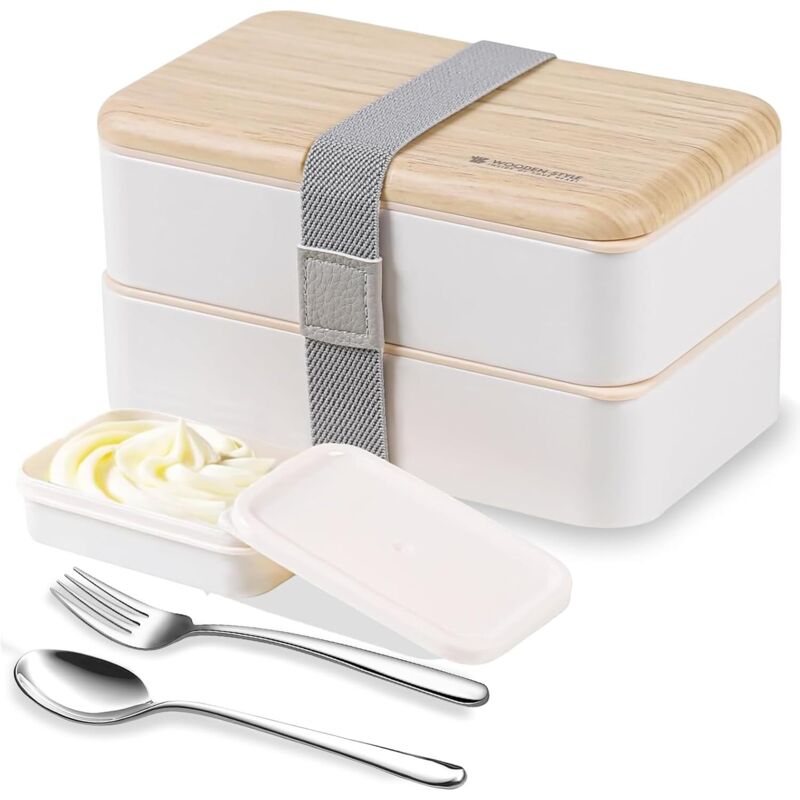 Bento-Box, Mahlzeit-Lunchbox, Snack-Lunchbox, Bündel-Teiler, Lunchbox im japanischen Stil mit Löffel und Gabel aus Edelstahl (weiß)