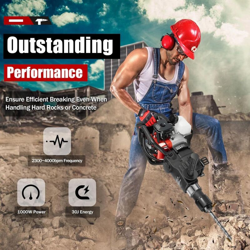Benzin Abbruchhammer, 1000W 33CC 2 Stroke Meißelhammer Schlaghammer Stemmhammer Vorschlaghammer, 30J Benzin Abbruchhammer Bohrhammer Betonbrecher