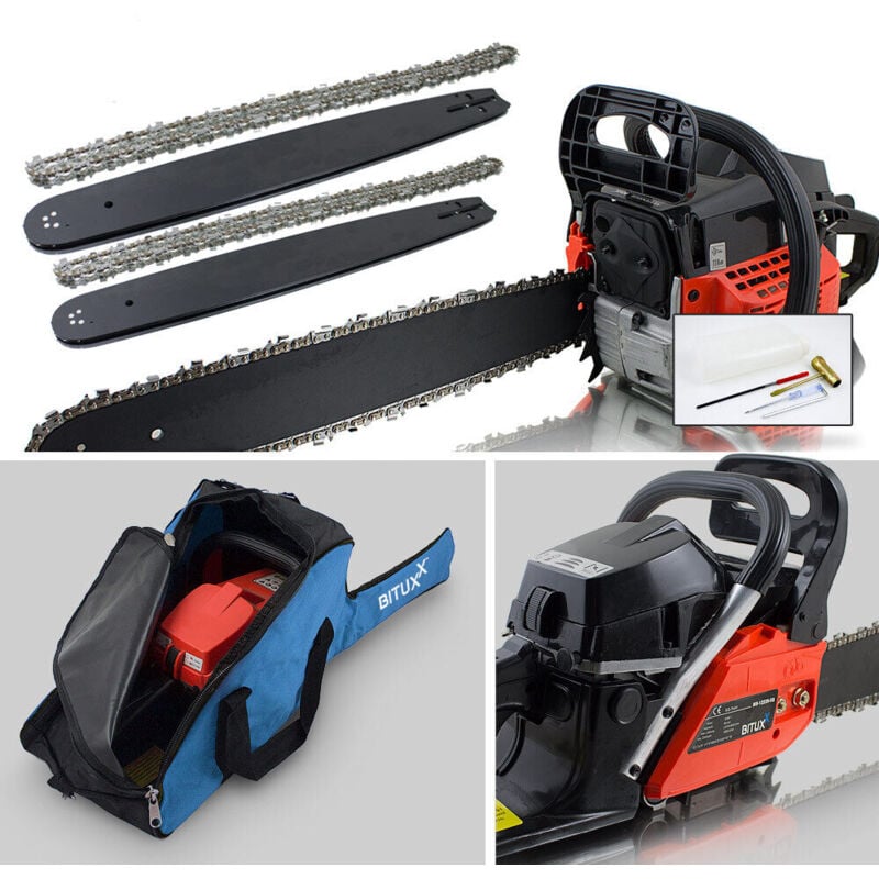 Benzin Kettensäge Motorsäge Motorkettensäge 58ccm 3,6PS mit 45cm/50cm Schwert inkl. 2x Schwert & 2x Ketten + Transporttasche + Tools
