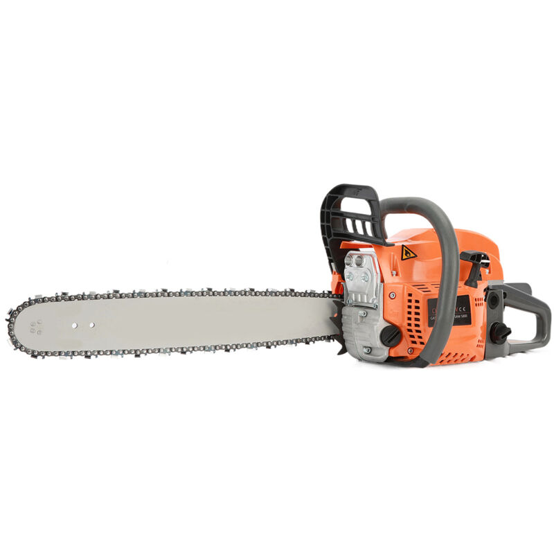Benzin-Kettensäge, 58 ccm, 20 Zoll, 8500 U/min, CDI-Zündsystem, 89 x 225 x 28 cm, orange.