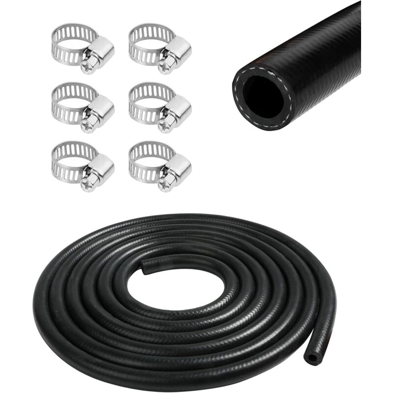 Benzinschlauch für Pkw, Ø 10 mm, Schwarz, Nitrilkautschuk, 1 m, 6 Schlauchschellen, Geeignet für Pkw, Traktoren, Geländefahrzeuge