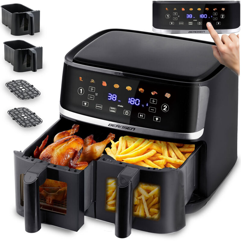 Große Heißluftfritteuse 10,2 l, XL Doppelkammer-Heißluftfritteuse Berdsen 1700 W BD-657, schwarz