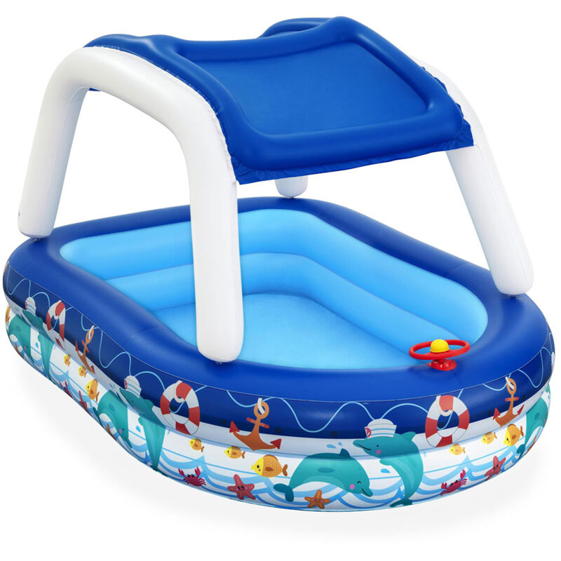 Planschbecken Bestway 213x155x132 cm Blaues Schiff mit Sonnenschutzdach und Steuerrad mit Hupe ab 3 Jahren