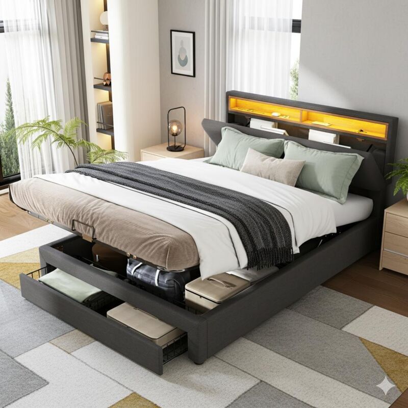 Bett 140 x 190 cm – Bettkasten 140 x 190 cm und Lattenrost – mit Schubladen und klappbarem Kopfteil – graues Leinen