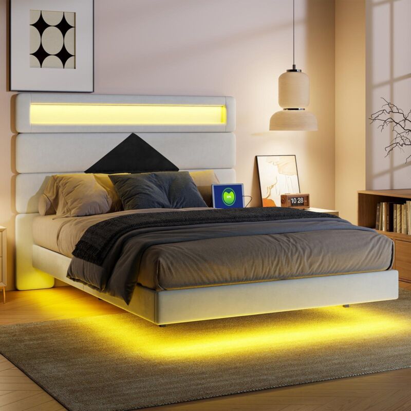 Bett 140 x 190 cm – Schwebendes Doppelbett 140 x 190 – mit verstellbarem Diamant-Kopfteil, RGB-LED und USB-Anschlüssen – Weißer Samt