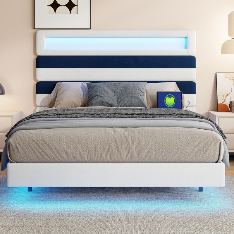Bett 140 x 190 cm – Schwimmendes Doppelbett 140 x 190 – mit verstellbarem horizontalem Kopfteil, RGB-LED und USB-Anschlüssen – Weißer Samt