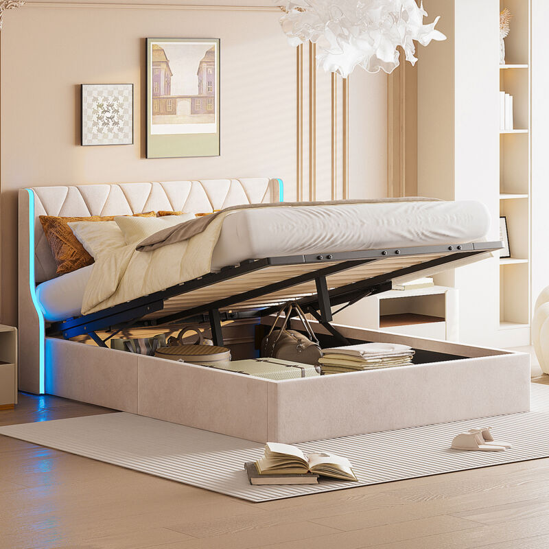 Bett 140 x 200 mit Lattenrost, Bett 140, Doppelbett, Doppelbett, Bettkasten 140x200 mit Lattenrost und LED-Beleuchtung – Design in Samt